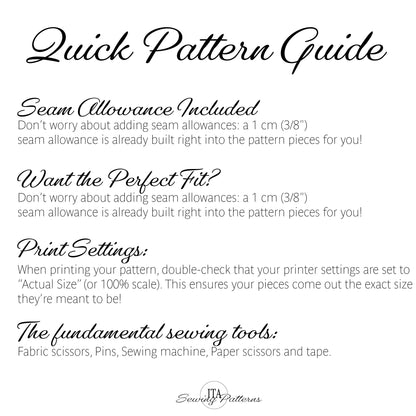 A digital graphic titled 'Quick Pattern Guide' with black text on a white background, explaining seam allowance, perfect fit, print settings, and sewing tools. The logo for 'Sevancy Patterns' is visible at the bottom.