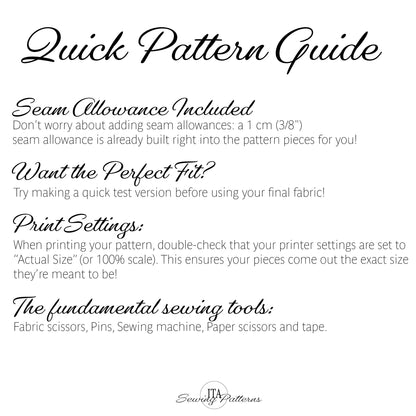 A digital graphic titled 'Quick Pattern Guide' with black text on a white background, explaining seam allowance, perfect fit testing, print settings, and sewing tools. The logo 'ITA Sewing Patterns' is visible at the bottom.
