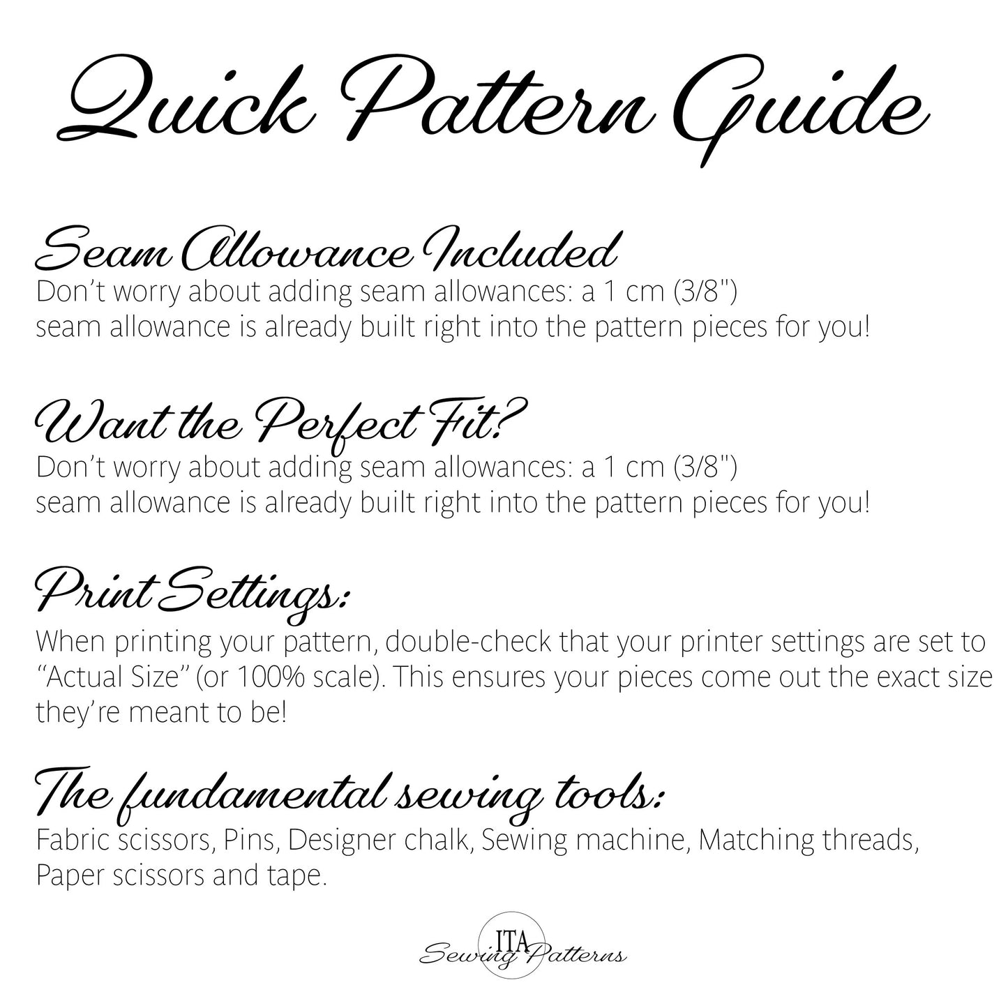 A digital graphic titled 'Quick Pattern Guide' with black text on a white background, explaining seam allowance, perfect fit, print settings, and sewing tools. The brand name 'Seamless Patterns' appears at the bottom.