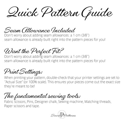 A digital graphic titled 'Quick Pattern Guide' with black text on a white background, explaining seam allowance, perfect fit, print settings, and sewing tools. The brand name 'Seamless Patterns' appears at the bottom.