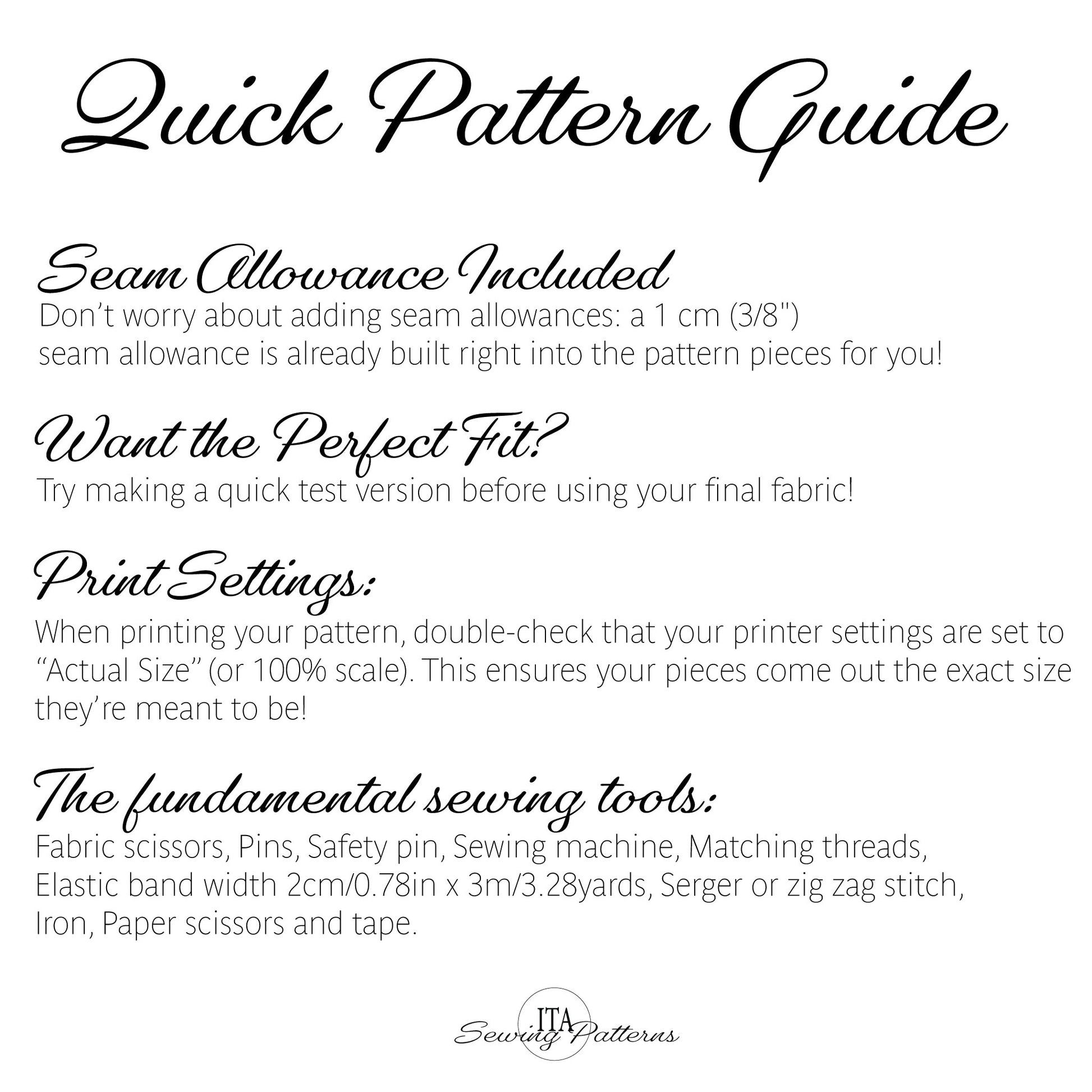 A text-based Quick Pattern Guide from Sewing Patterns explaining seam allowance, fit options, print settings, and sewing tools on a white background.