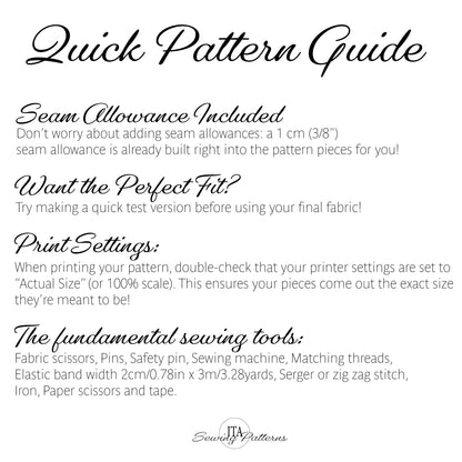 A text-based Quick Pattern Guide from Sewing Patterns explaining seam allowance, fit options, print settings, and sewing tools on a white background.