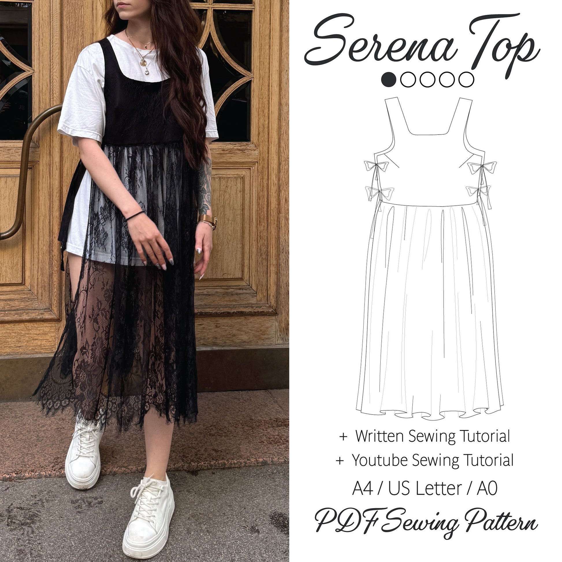 A woman models a black sleeveless midi dress with a sheer lace overlay and bow details on the sides, standing in front of a wooden door. The right side of the image features a sewing pattern listing for the 'Serena Top' with a line drawing of the dress and text indicating a sewing tutorial and PDF pattern.