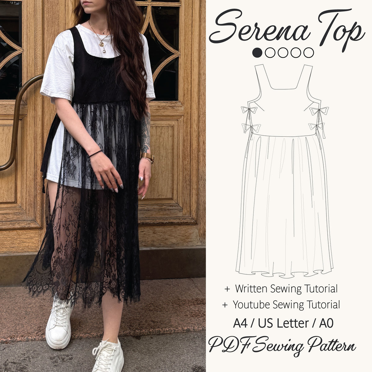 Promotional graphic for a sewing pattern titled 'Serena Top', showing a woman modeling a black lace and mesh sleeveless dress over a white short-sleeve top, alongside a line drawing of the dress and text listing a sewing tutorial and pattern sizes.