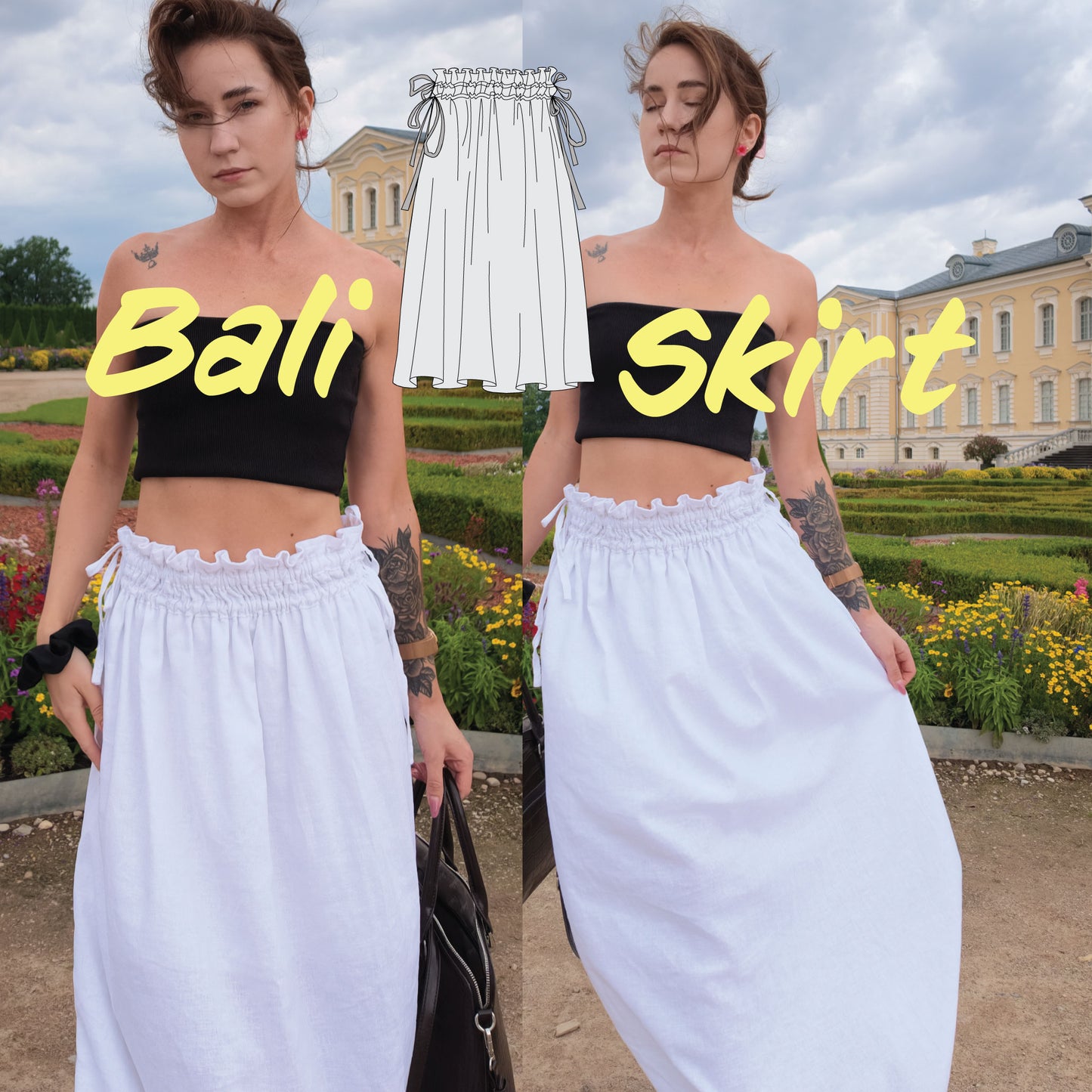 A split-screen lifestyle image showing a model wearing a white high-waisted smocked maxi skirt with a ruffled hem, paired with a black bandeau crop top. The background shows a grand classical building and manicured gardens.