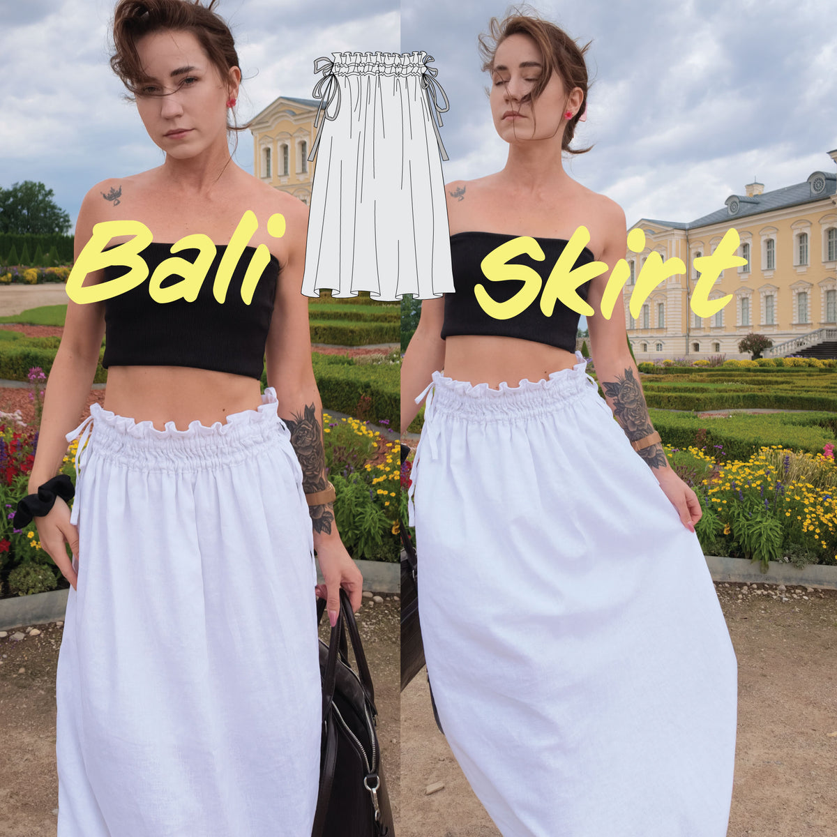 A split-screen lifestyle image showing a model wearing a white high-waisted smocked maxi skirt with a ruffled hem, paired with a black bandeau crop top. The background shows a grand classical building and manicured gardens.