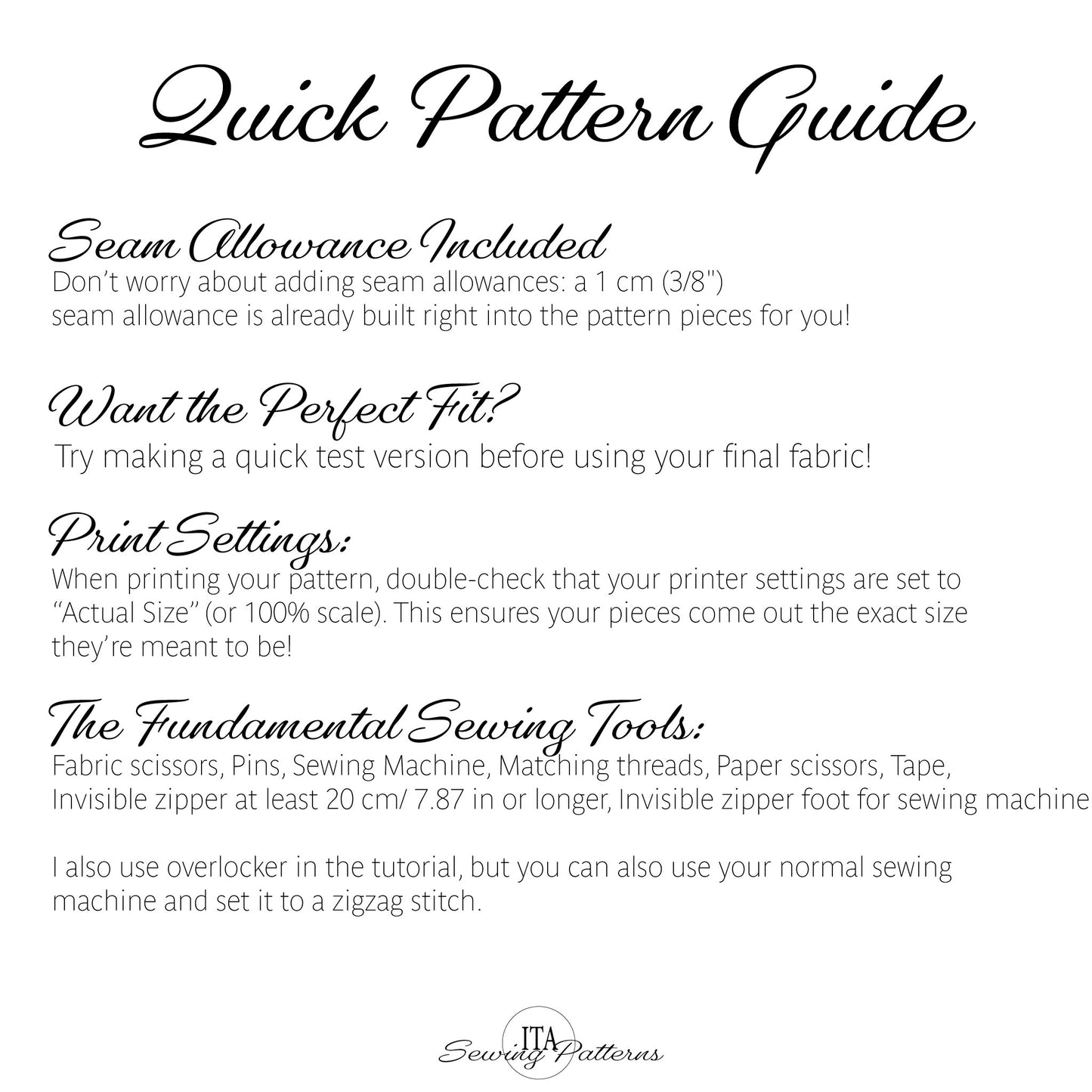 A digital graphic titled 'Quick Pattern Guide' with black text on a white background, explaining sewing pattern allowances, print settings, and the fundamental sewing tools needed for making a pattern.