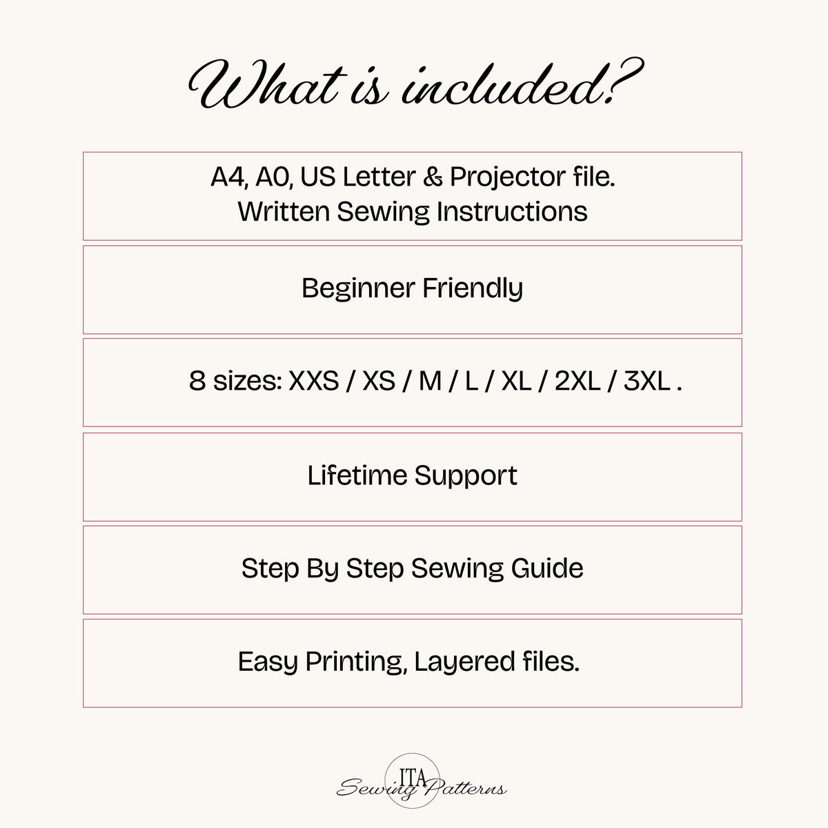 What's included in the Bloom Shorts pattern: A4, US Letter, A0 and projector files, written instructions, 8 sizes