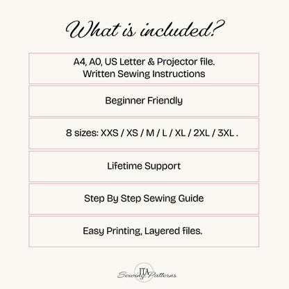 What's included in the Bloom Shorts pattern: A4, US Letter, A0 and projector files, written instructions, 8 sizes