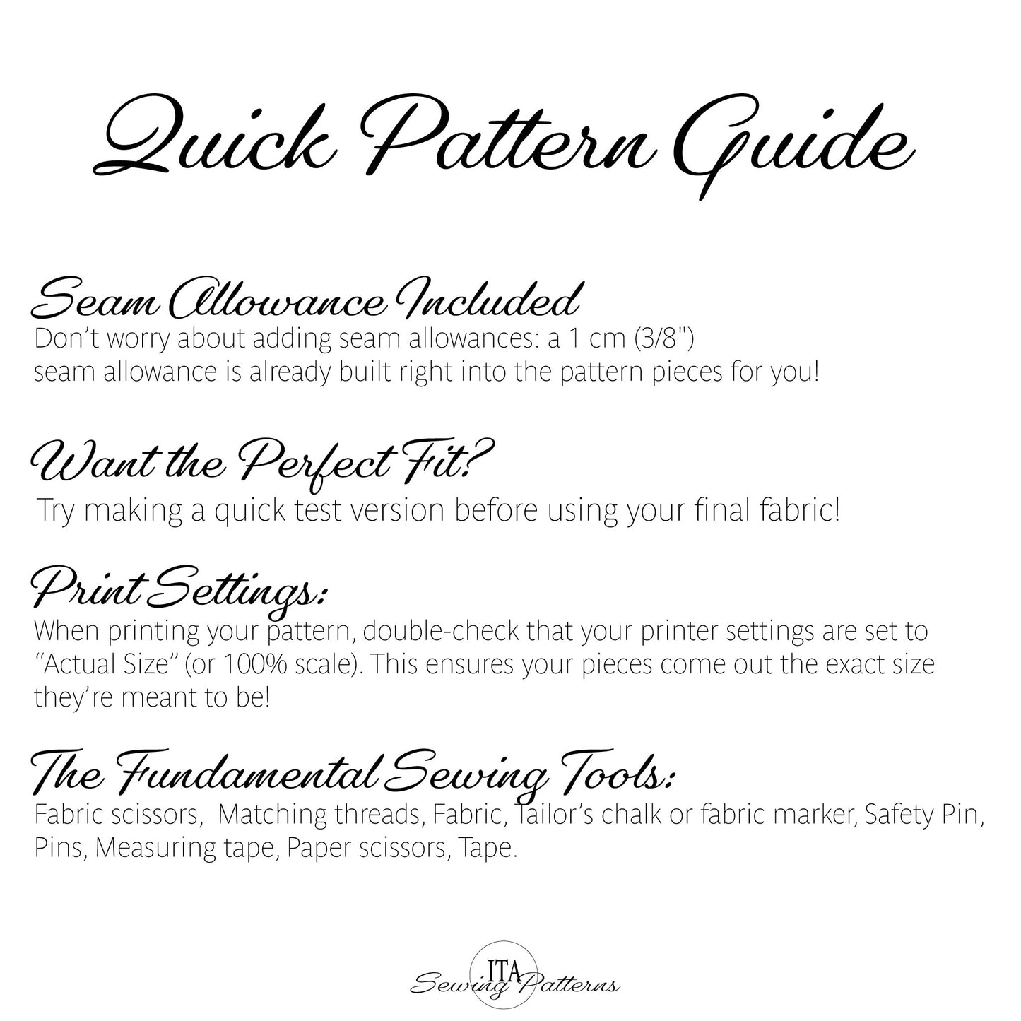 A digital graphic titled 'Quick Pattern Guide' with black text on a white background, explaining seam allowance, print settings, and listing sewing tools. The brand name 'Seamless Patterns' is visible at the bottom.