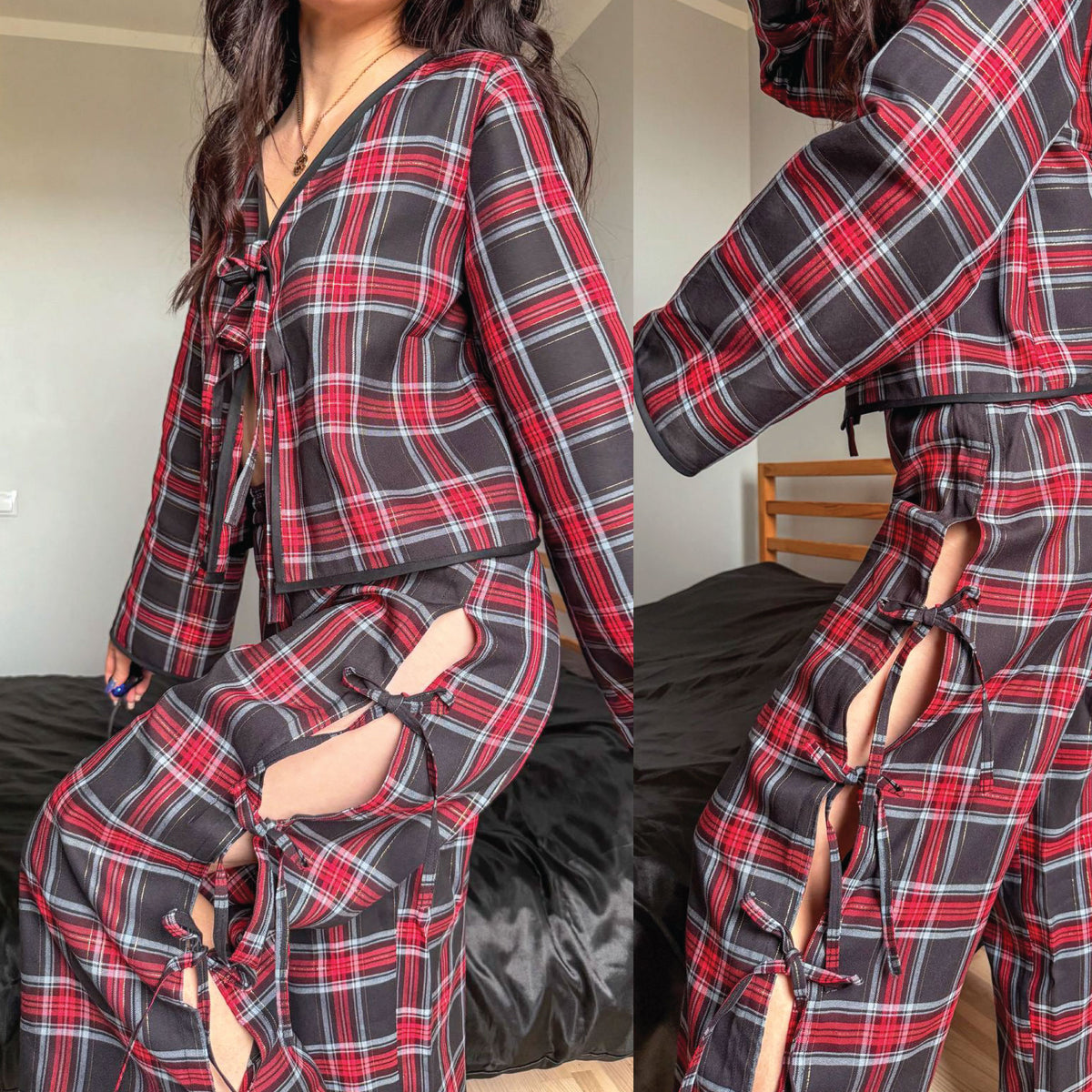 A two-piece plaid lounge set shown on a model in a bedroom setting. The set features a long-sleeve V-neck top with tie-front details and matching wide-leg pants with thigh cutouts and tie details.