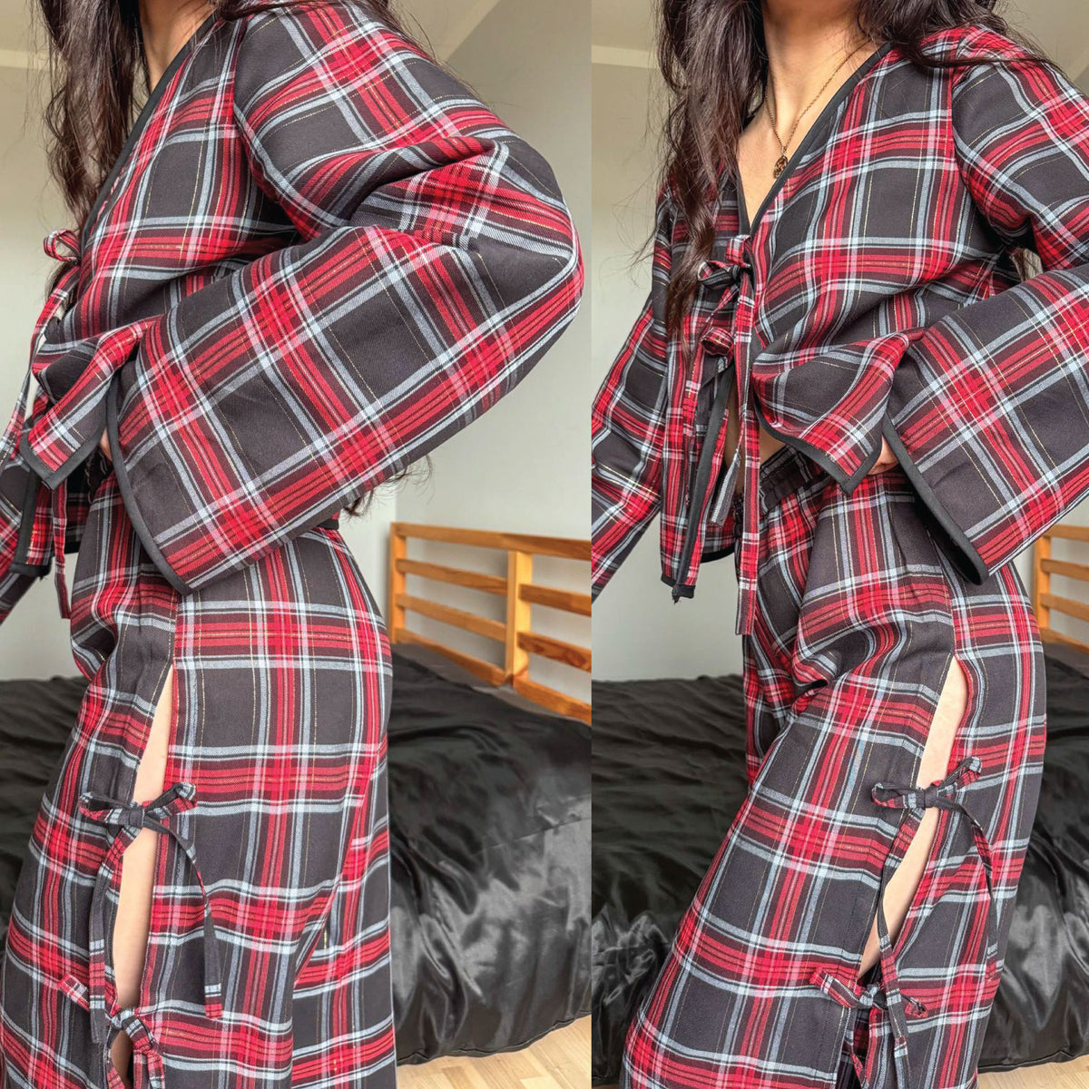 A person wearing a long-sleeve plaid robe or kimono-style cover-up in red, black, and white tartan, shown in a split view against an indoor bedroom background.