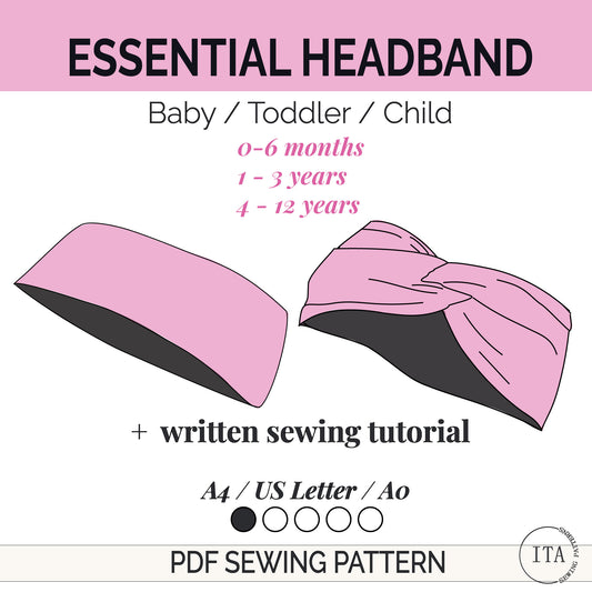 Pink headband with black interior two style twisted and simple, sewing pattern for baby toddler child description on a white background