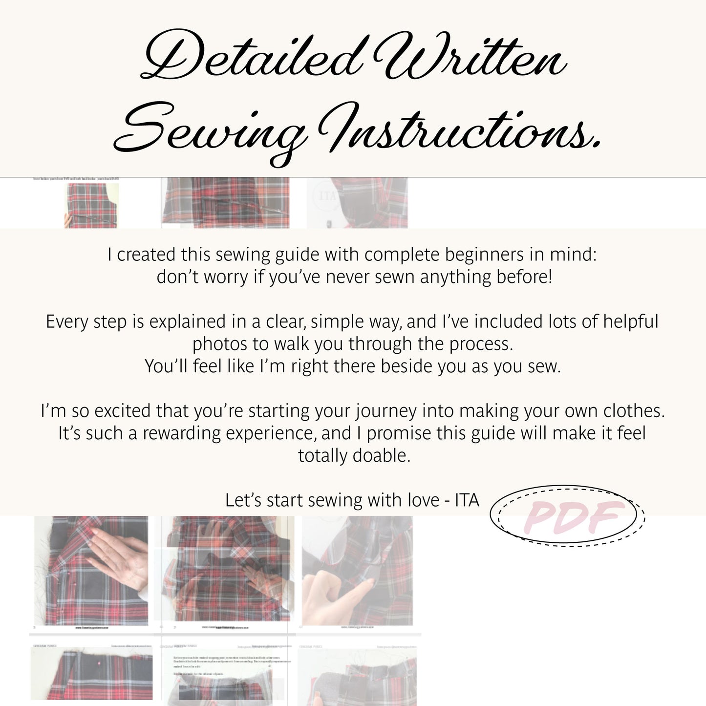 Promotional graphic for a digital sewing instruction PDF titled 'Detailed Written Sewing Instructions.' The design has a cream background with black script text, a few small photos of plaid fabric, paragraphs of descriptive copy, step-by-step instruction panels, and a pink 'PDF' stamp.