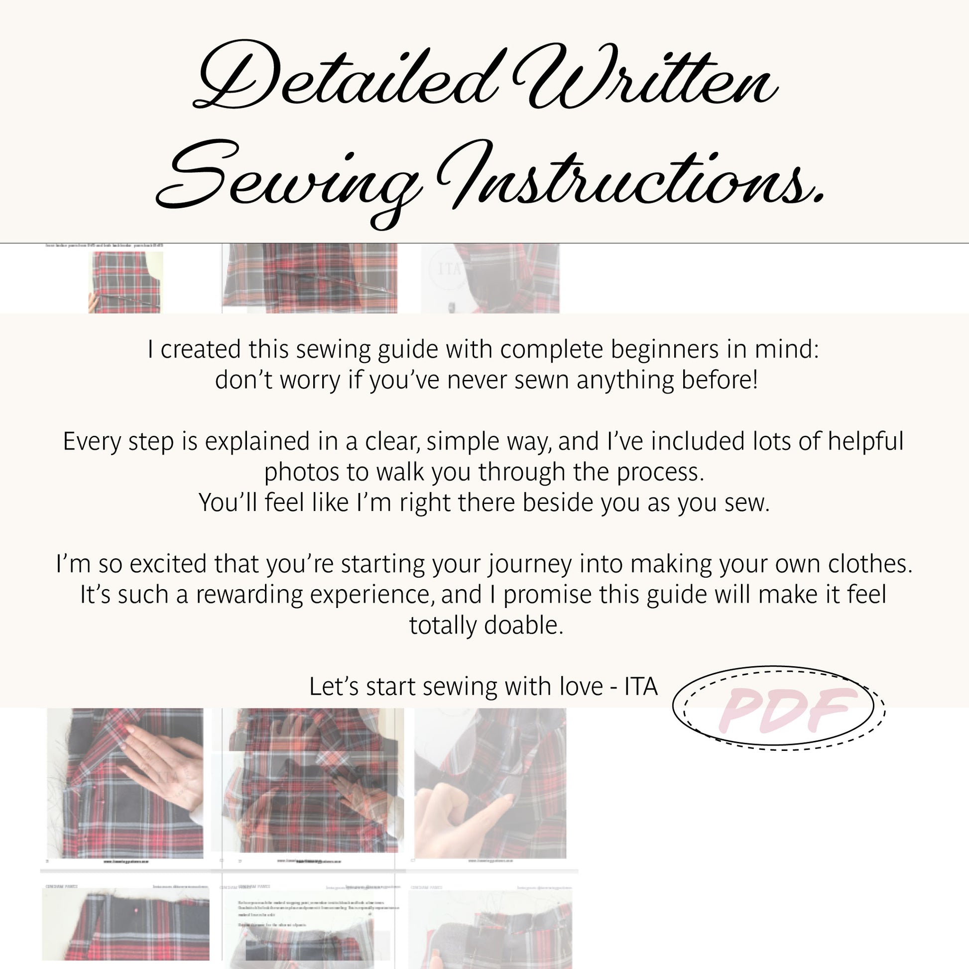 Promotional graphic for a digital sewing instruction PDF titled 'Detailed Written Sewing Instructions.' The design has a cream background with black script text, a few small photos of plaid fabric, paragraphs of descriptive copy, step-by-step instruction panels, and a pink 'PDF' stamp.