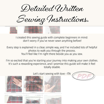 Promotional graphic for a digital sewing instruction PDF titled 'Detailed Written Sewing Instructions.' The design has a cream background with black script text, a few small photos of plaid fabric, paragraphs of descriptive copy, step-by-step instruction panels, and a pink 'PDF' stamp.