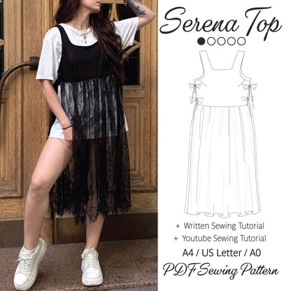 A woman models a black sleeveless midi dress with a sheer black lace overlay, styled over a white t-shirt and white shorts. The image is split into two sections: on the left, the model stands in front of a wooden door, and on the right, a line drawing of the dress pattern is shown with text reading 'Serena Top' and sewing pattern details.