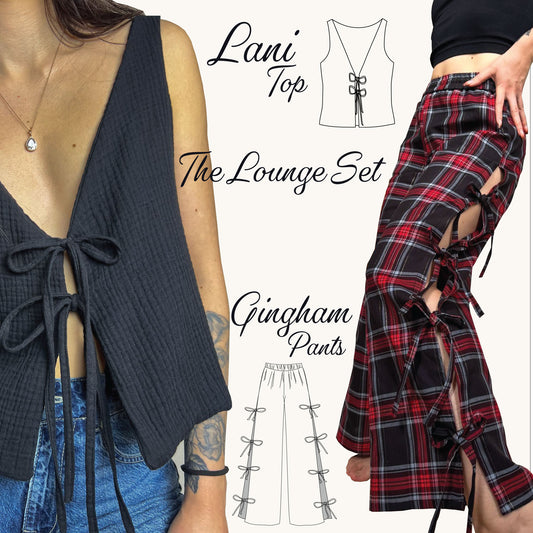 A collage showing a two-piece outfit set: a dark charcoal gray ribbed wrap-style tie-front top labeled 'Lani Top' and red/black plaid distressed wide-leg pants labeled 'Gingham Pants' under 'The Lounge Set'. Line drawings of the garments are also included on a light beige background.