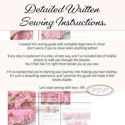 A digital cover for a sewing instruction guide titled 'Detailed Written Sewing Instructions.' with text on a cream background and small inset photos of pink gingham clothing.