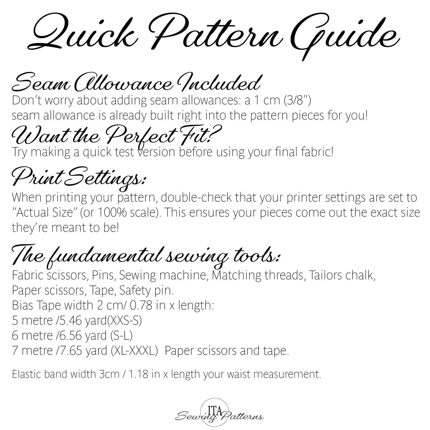 A text-based Quick Pattern Guide from Soundy Patterns explaining seam allowance, print settings, and the fundamental sewing tools needed for making a pattern, shown on a white background with black text.