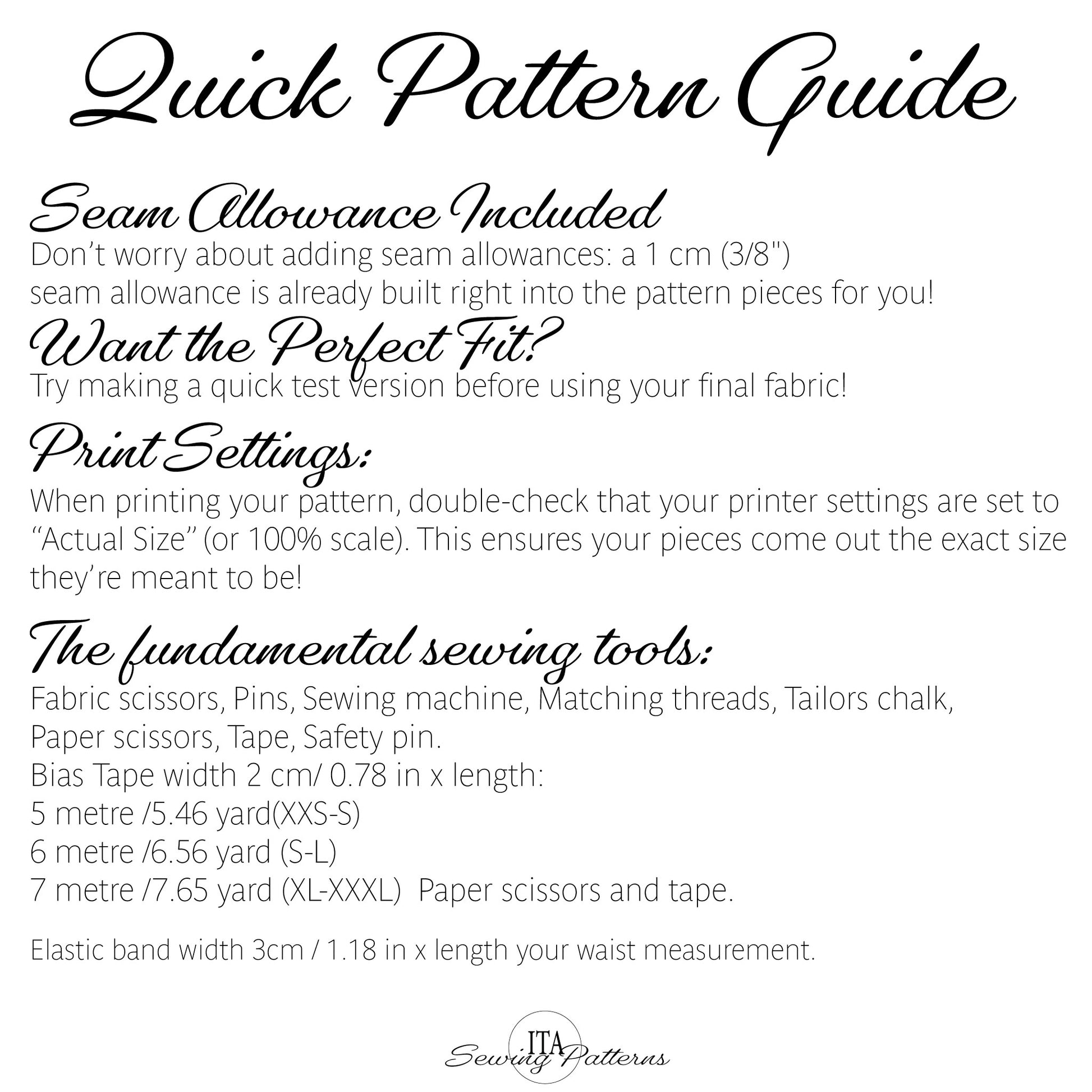 A text-based Quick Pattern Guide from Soundy Patterns explaining seam allowance, print settings, and the fundamental sewing tools needed for making a pattern, shown on a white background with black text.