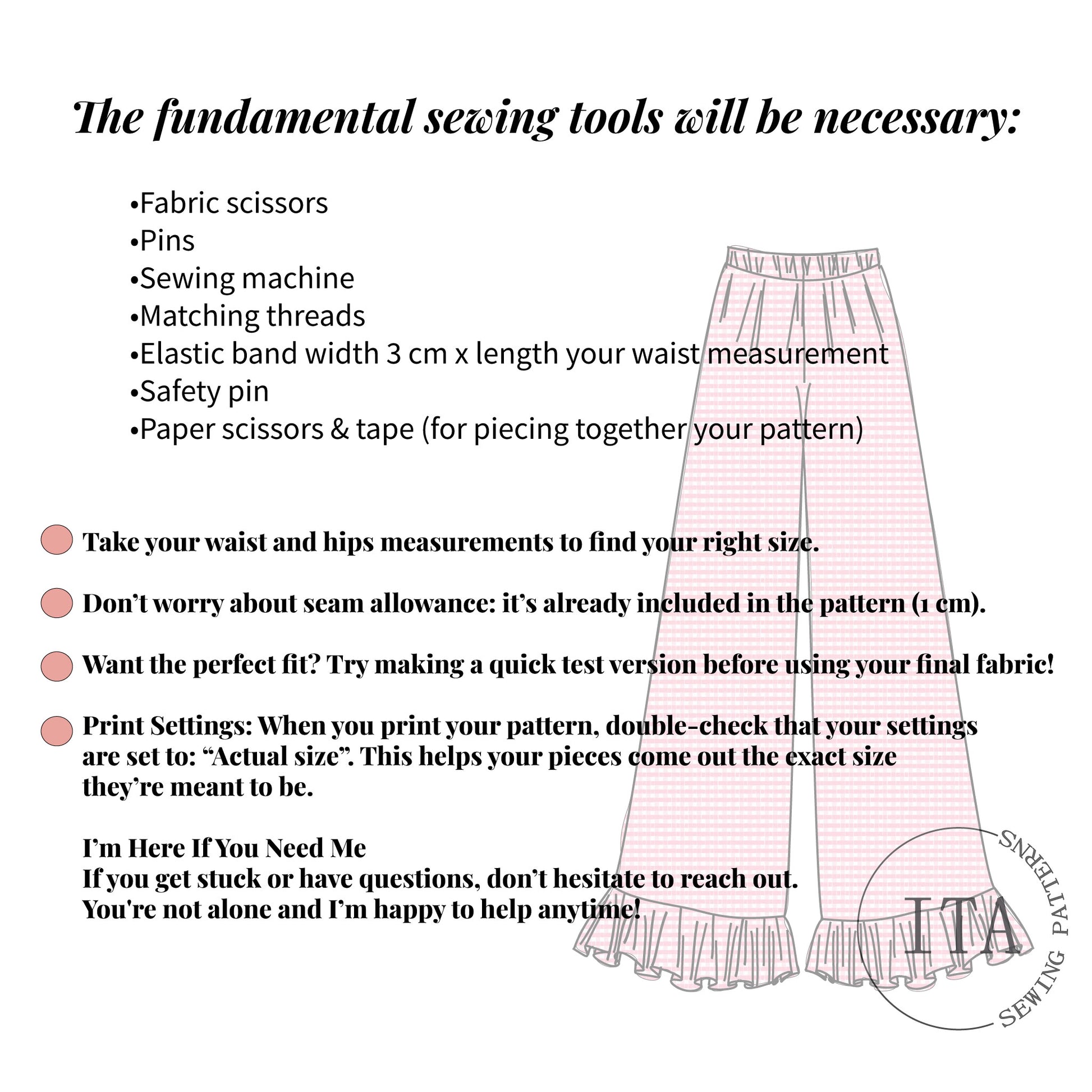 List of fundamental sewing tools with a patterned delulu pants sewing pattern design on a white background.