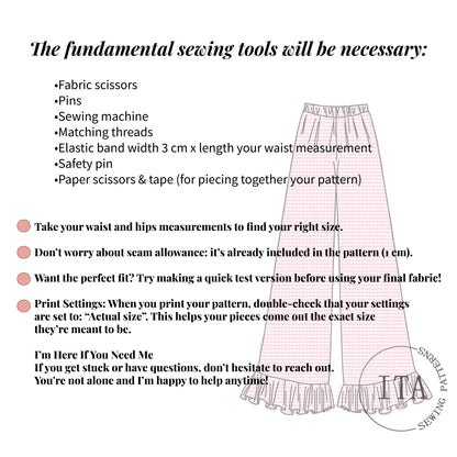 List of fundamental sewing tools with a patterned delulu pants sewing pattern design on a white background.