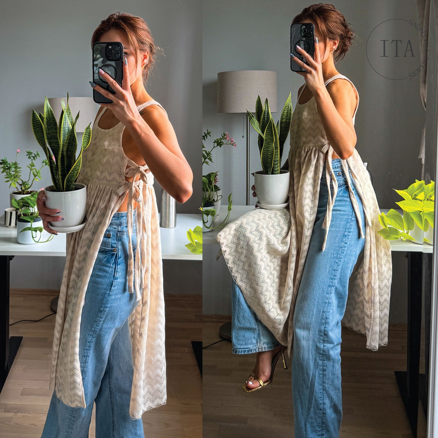 A woman takes a mirror selfie in a split-screen view, wearing a beige patterned sleeveless tunic with side ties and a long drape, paired with light blue wide-leg jeans. The setting is a bright room with indoor plants, a lamp, and a white table.