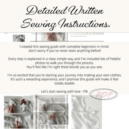 A promotional graphic for a PDF sewing instruction guide titled 'Detailed Written Sewing Instructions.' The design features a cream background with black script text, small inset photos of hands sewing, and a white ruffled fabric panel.