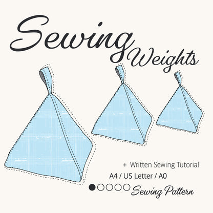 Sewing pattern cover for 'Sewing Weights' showing three light blue fabric weights with dashed outlines on an off-white background, with text indicating a written sewing tutorial and sizes A4 / US Letter / A0.