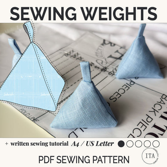 Blue fabric sewing weights on a pattern paper with text about a sewing tutorial and a beginner friendly pattern. Comes in A4 and US Letter paper sizes.