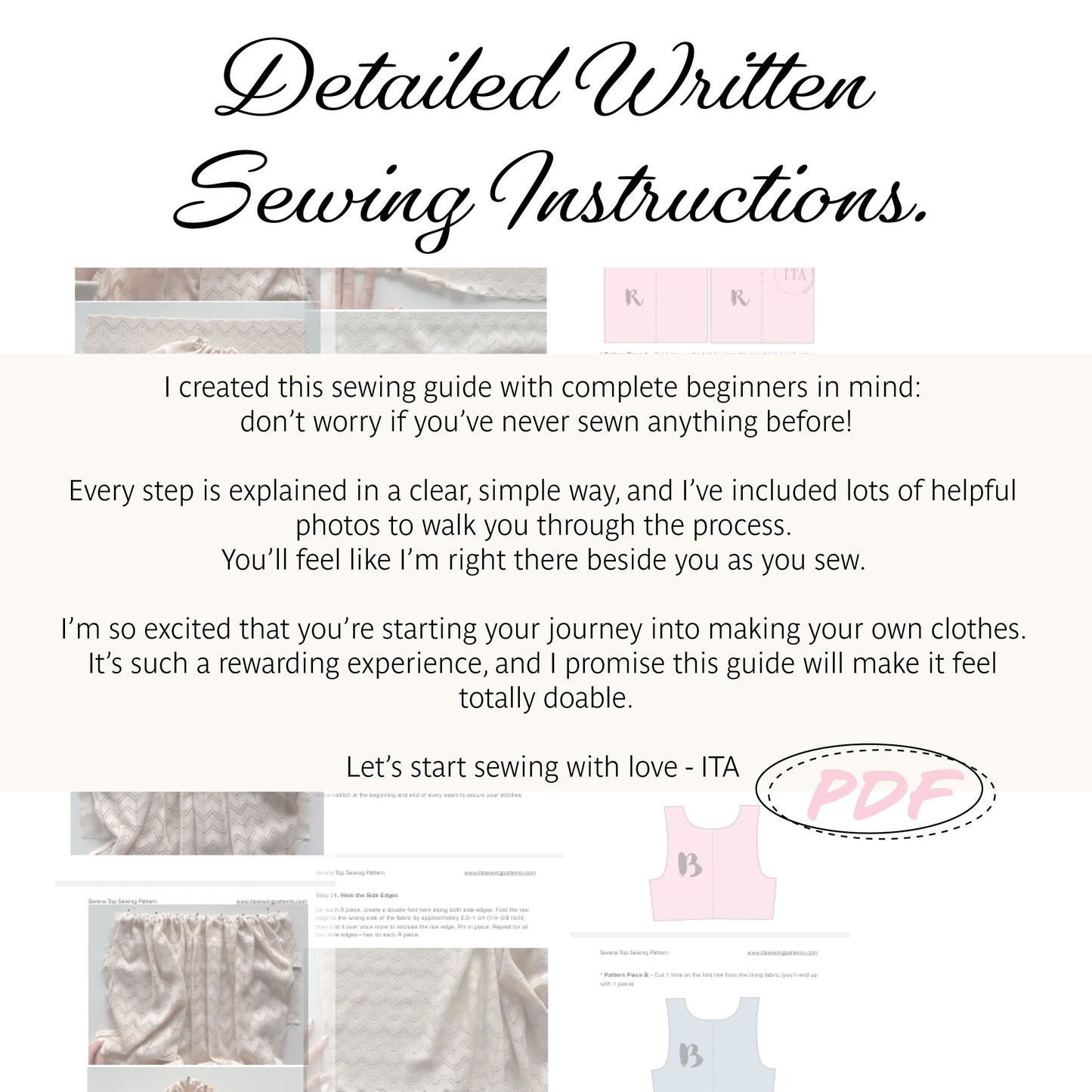 Promotional graphic for a digital sewing guide titled 'Detailed Written Sewing Instructions.' The design features a cream background with black script text, small inset photos of fabric and garments, and a pink 'PDF' stamp.