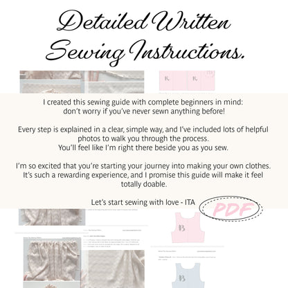 Promotional graphic for a digital sewing guide titled 'Detailed Written Sewing Instructions.' The design features a cream background with black script text, small inset photos of fabric and garments, and a pink 'PDF' stamp.