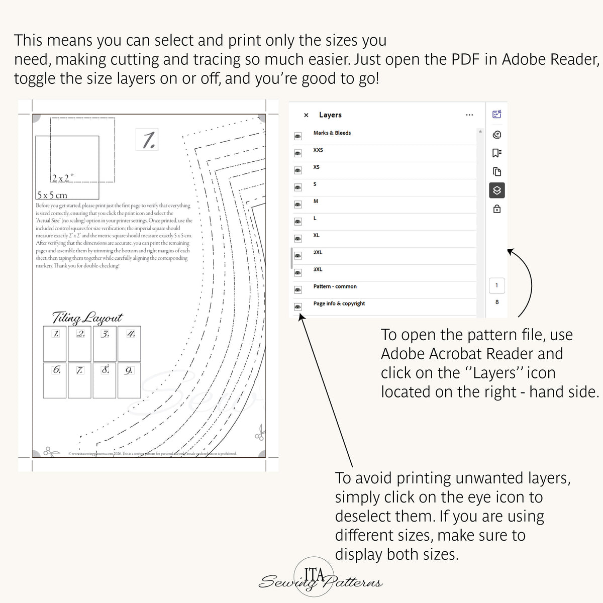 How to print only your size: Adobe Acrobat Reader layers panel in the Bloom Shorts layered PDF pattern