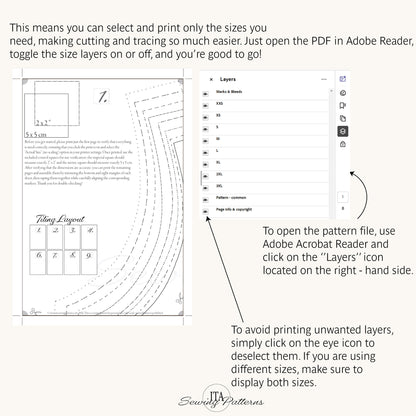 How to print only your size: Adobe Acrobat Reader layers panel in the Bloom Shorts layered PDF pattern