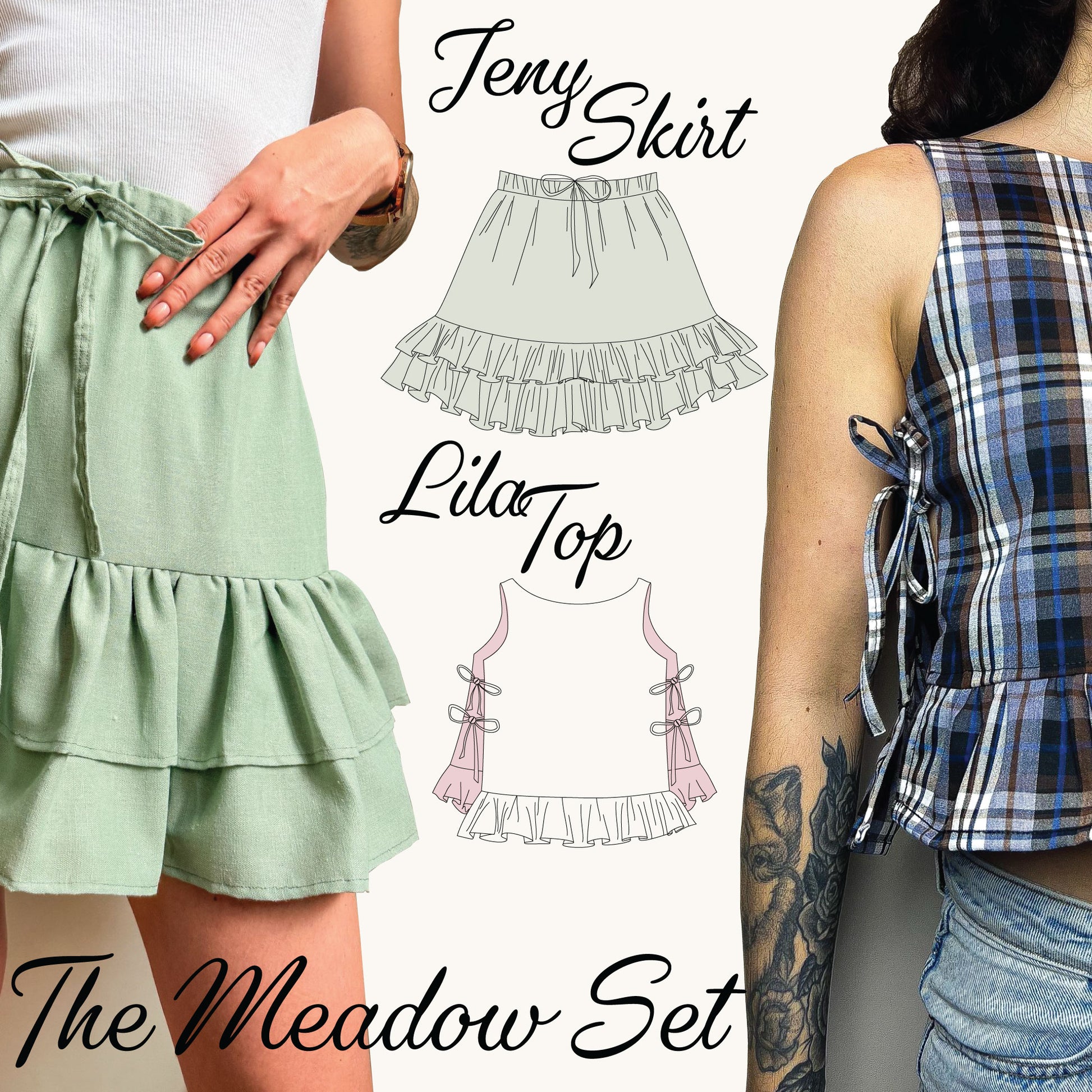 Promotional graphic for 'The Meadow Set' sewing pattern, showing a light green ruffled mini skirt on a model, a white ruffled top with pink ties on a model, and line drawings of both garments. Text reads 'Jenya Skirt', 'Lila Top', and 'The Meadow Set'.