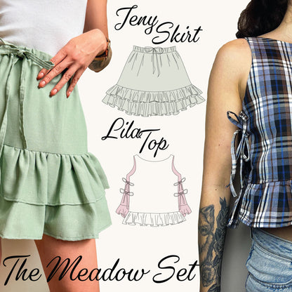 Promotional graphic for 'The Meadow Set' sewing pattern, showing a light green ruffled mini skirt on a model, a white ruffled top with pink ties on a model, and line drawings of both garments. Text reads 'Jenya Skirt', 'Lila Top', and 'The Meadow Set'.