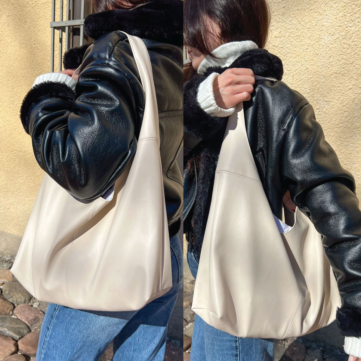 A person wearing a black faux-leather jacket with dark fur trim and a cream-colored slouchy shoulder bag, shown in a split view from the back and side against a beige stucco wall.