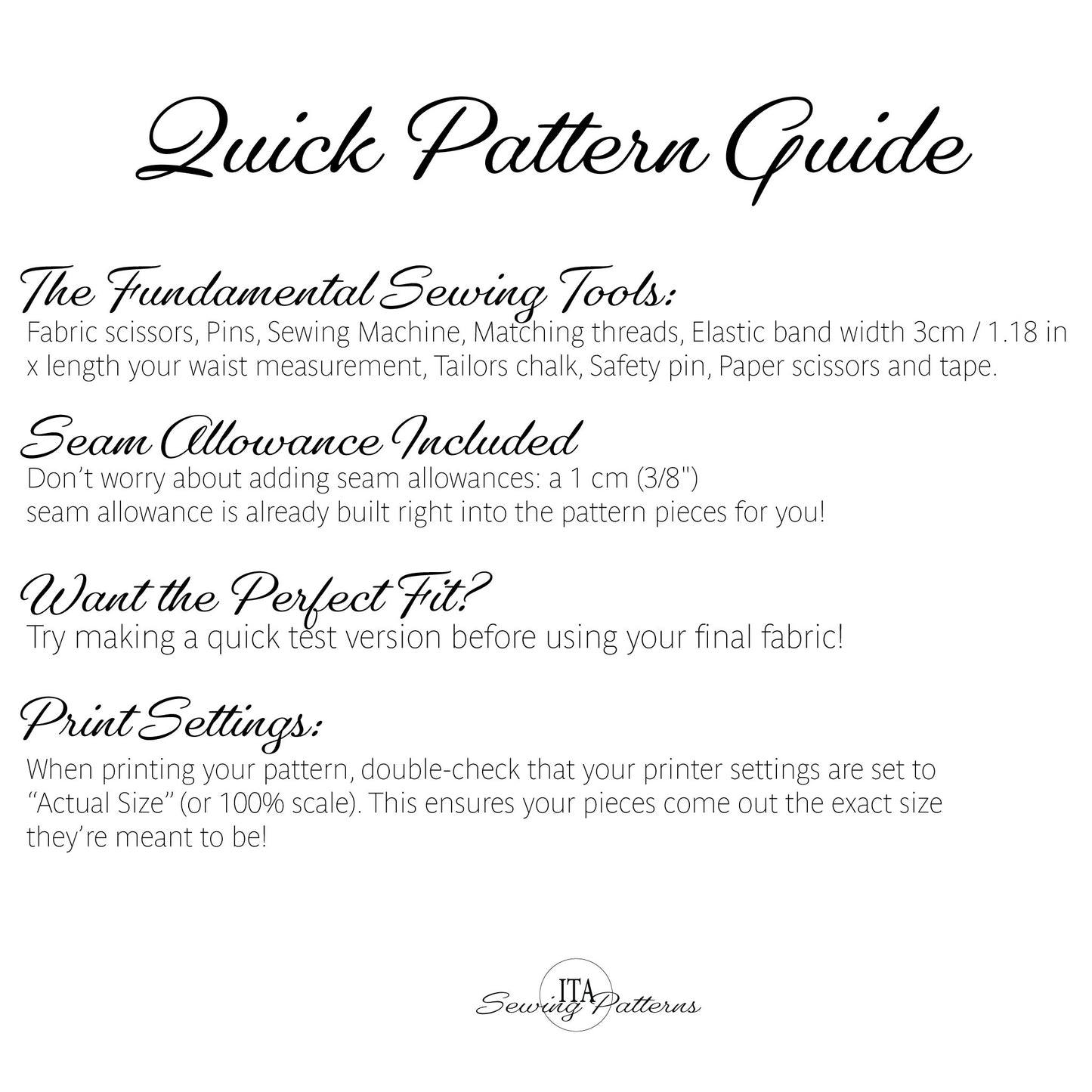 A digital graphic titled 'Quick Pattern Guide' with black text on a white background, explaining sewing tools, seam allowance, perfect fit, and print settings. The brand name 'Security Patterns' is visible at the bottom.