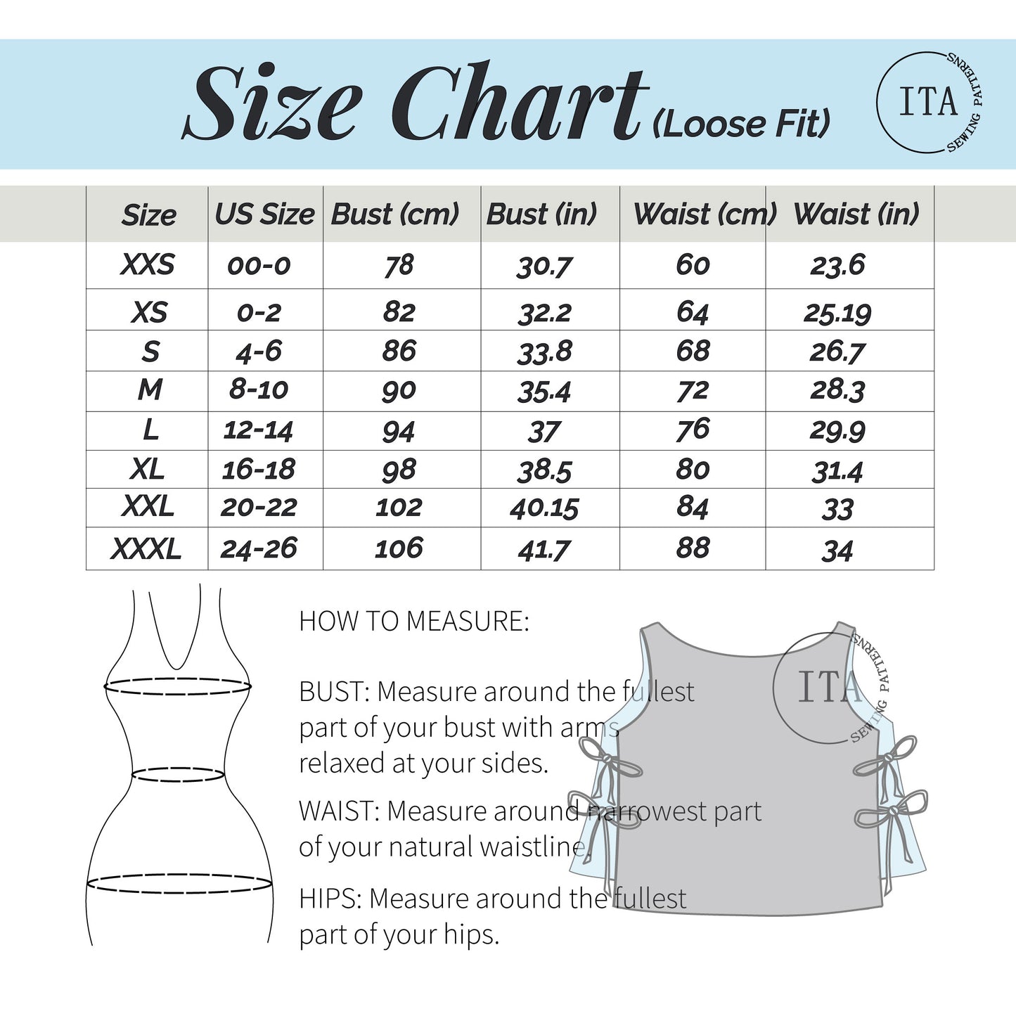 Size chart for the Pixie Top sewing pattern including bust and waist measurements to ensure a perfect fit for sizes XXS-XXXL.