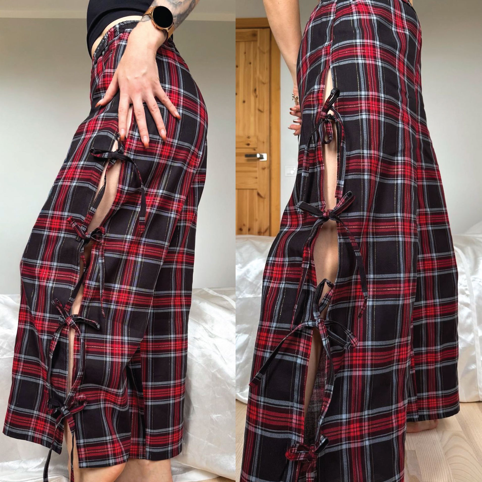 A person wearing a red, black, and gray plaid skirt with side cutouts and tie details, shown in a split view against an indoor bedroom background.