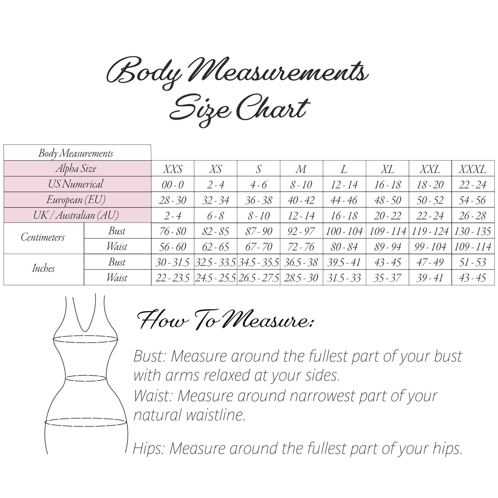 Body measurements size chart for a plus-size apparel or clothing size guide, showing a size table with columns for XXXL, XS, S, M, L, XL, XXL, and XXXL, plus centimeter and inch measurements for bust and waist. A simple line drawing of a torso is included, with instructions on how to measure bust, waist, and hips.