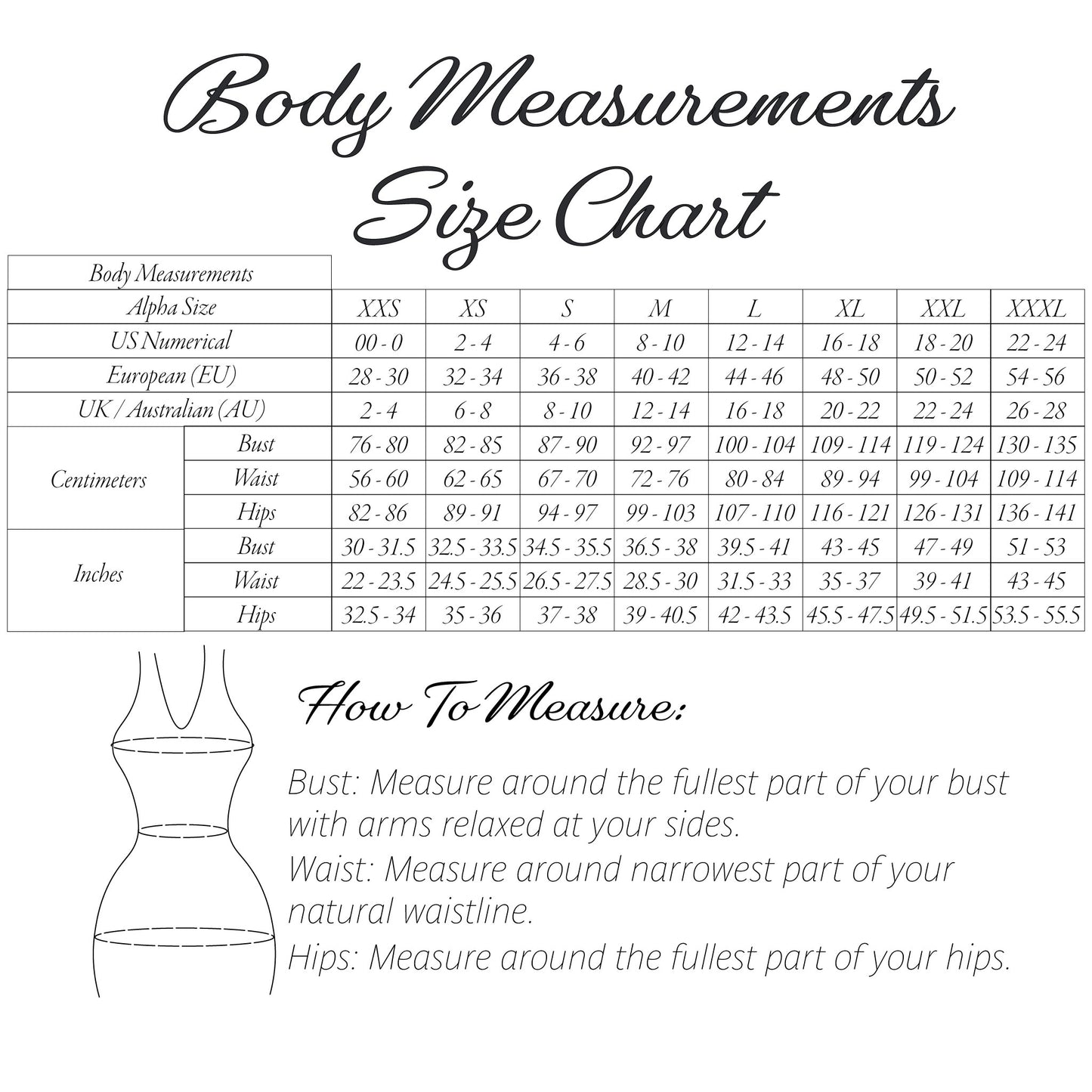 Body Measurements Size Chart infographic with a size table for bust, waist, and hip measurements in centimeters and inches, plus a simple line drawing of a torso and a 'How To Measure' section.