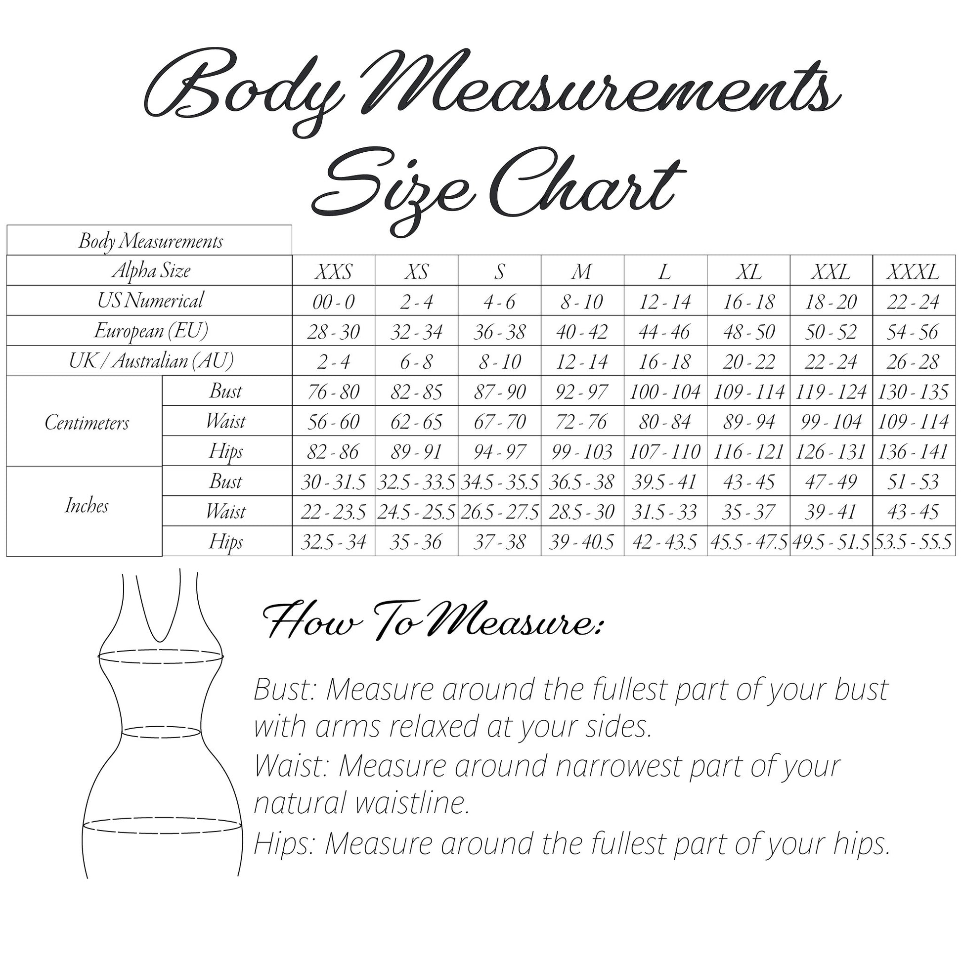 Body Measurements Size Chart infographic with a size table for bust, waist, and hip measurements in centimeters and inches, plus a simple line drawing of a torso and a 'How To Measure' section.