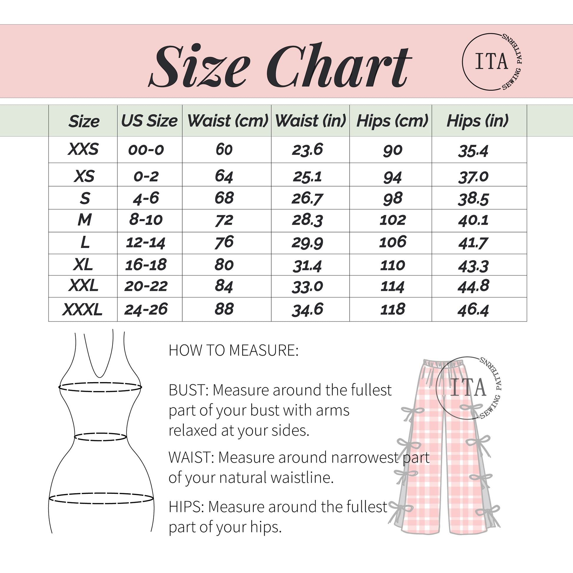 Size chart for the gingham pants sewing pattern showing waist and hips measurements in centimeters and inches, including a diagram explaining how to measure correctly.