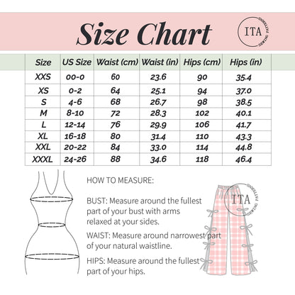 Size chart for the gingham pants sewing pattern showing waist and hips measurements in centimeters and inches, including a diagram explaining how to measure correctly.