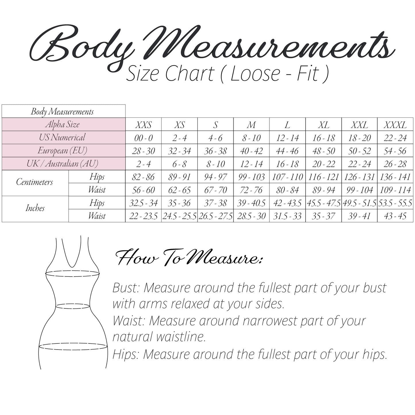 Body measurements size chart for a loose-fit garment, showing a table with body measurements for different sizes and a step-by-step how-to-measure guide with a simple body outline diagram.