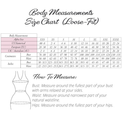 Body Measurements Size Chart for a loose-fit dress, showing a size table from XS to XXXL with US sizes, EU sizes, and centimeters/inches measurements, plus a simple dress outline and measurement instructions.