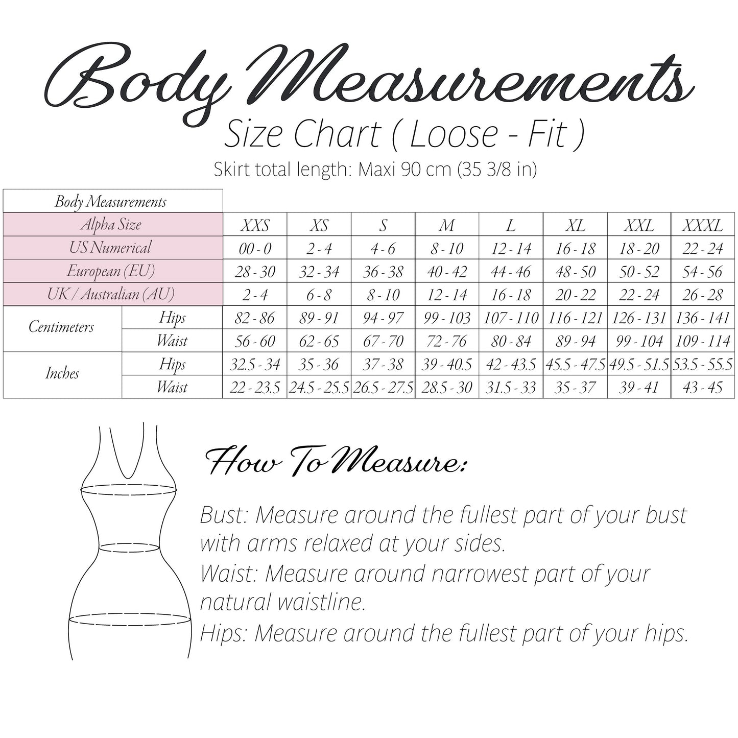 Body measurements size chart for a loose-fit garment, showing a table with body measurements in US sizes from XXS to XXXL, plus a simple line drawing of a body silhouette and step-by-step how-to-measure instructions.