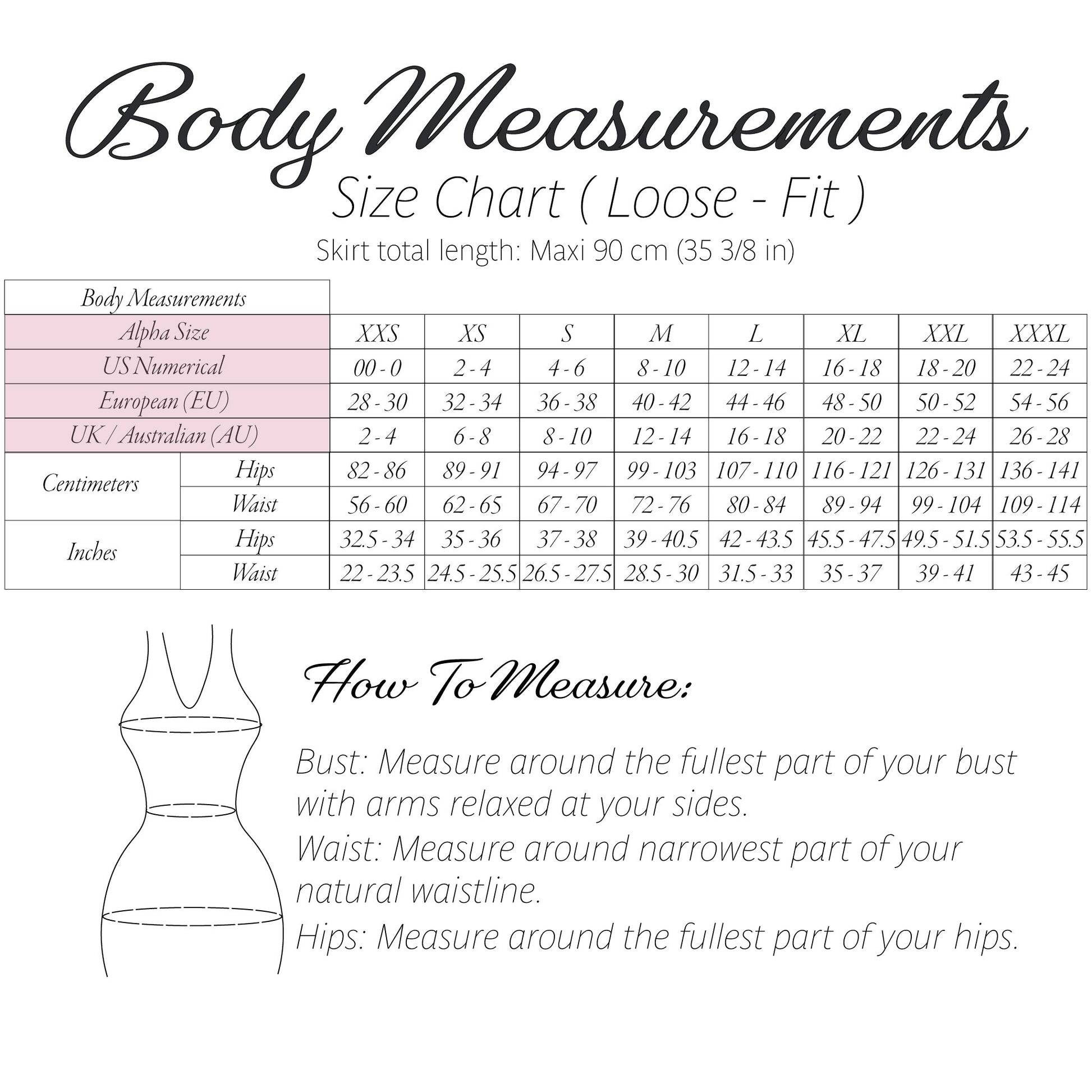 Body measurements size chart for a loose-fit garment, showing a table with body measurements in US sizes from XXS to XXXL, plus a simple line drawing of a body silhouette and step-by-step how-to-measure instructions.